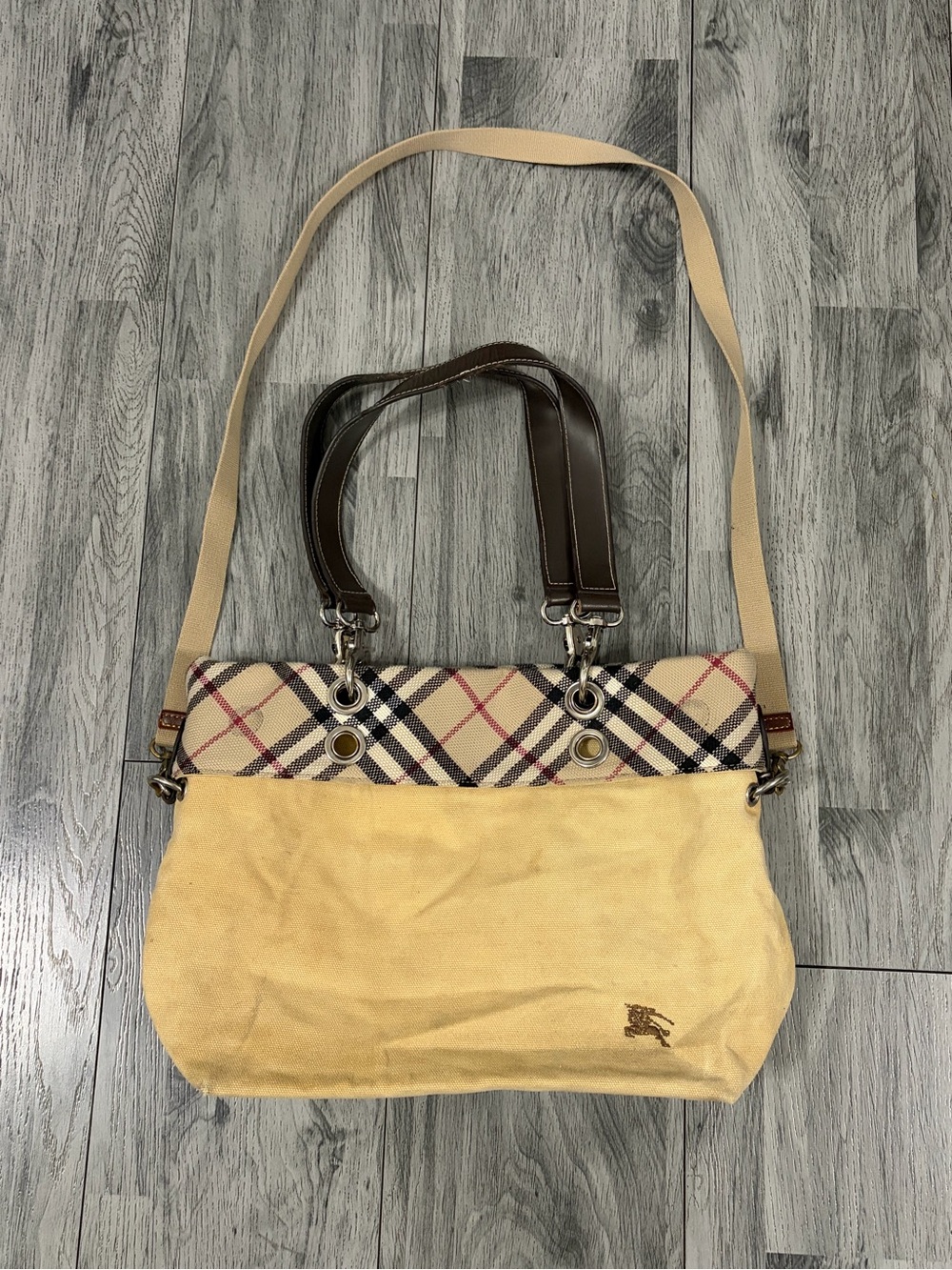 Burberry Blue Label Nova Check Trim Canvas Crossbody Bag Brown Leather Handles